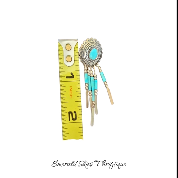 QT Sterling Silver 925 Southwest Green Turquoise Oval Dangle Post Earrings - Picture 4 of 4